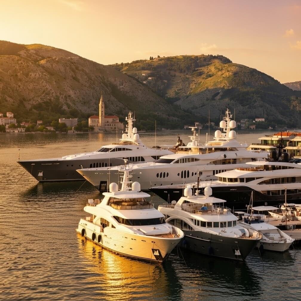 Superyachts docked at Porto Montenegro marina in the Bay of Kotor, a leading Adriatic luxury yacht destination.