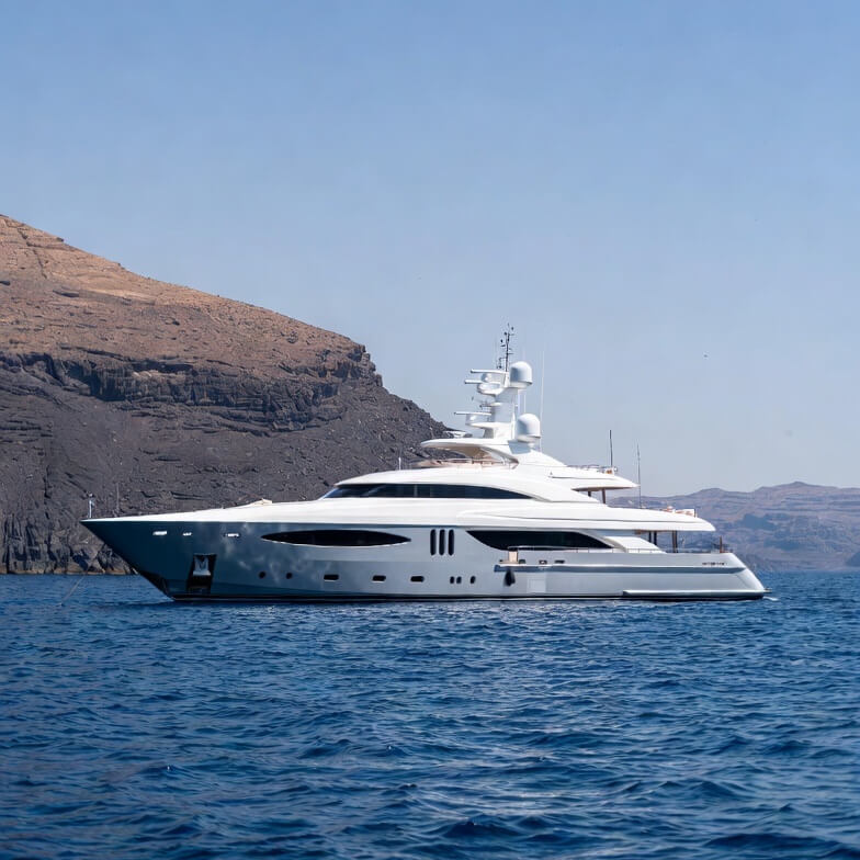 Luxury superyacht anchored off the Red Sea coastline in Saudi Arabia.