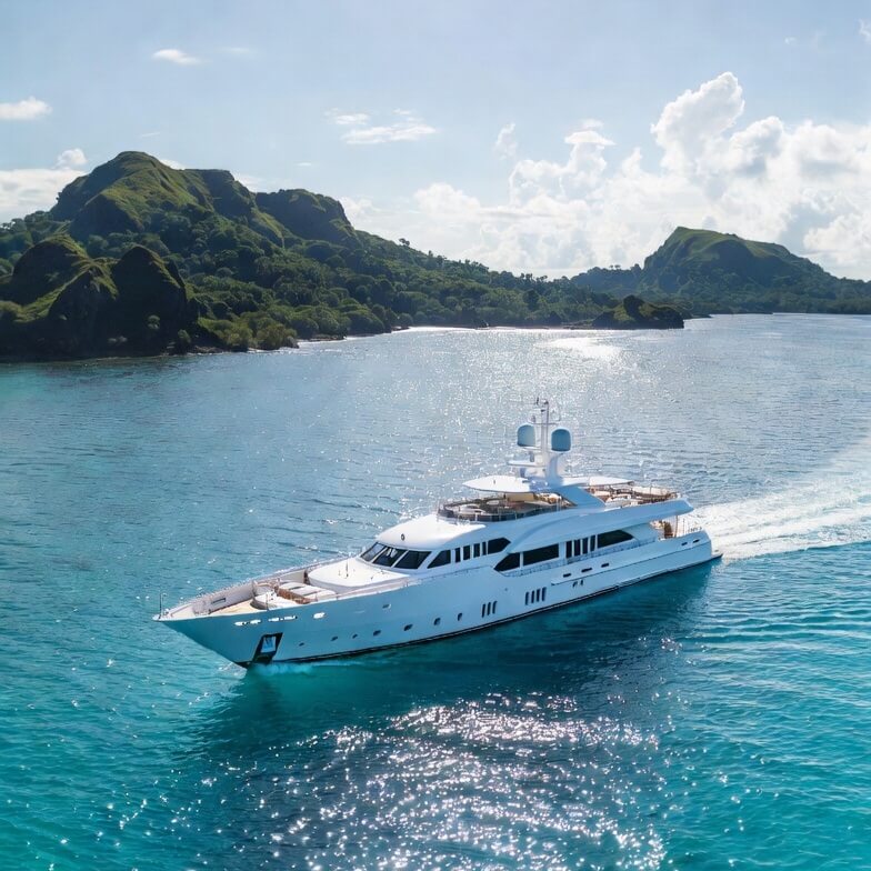 Superyacht cruising through turquoise waters near the Mamanuca Islands in Fiji.